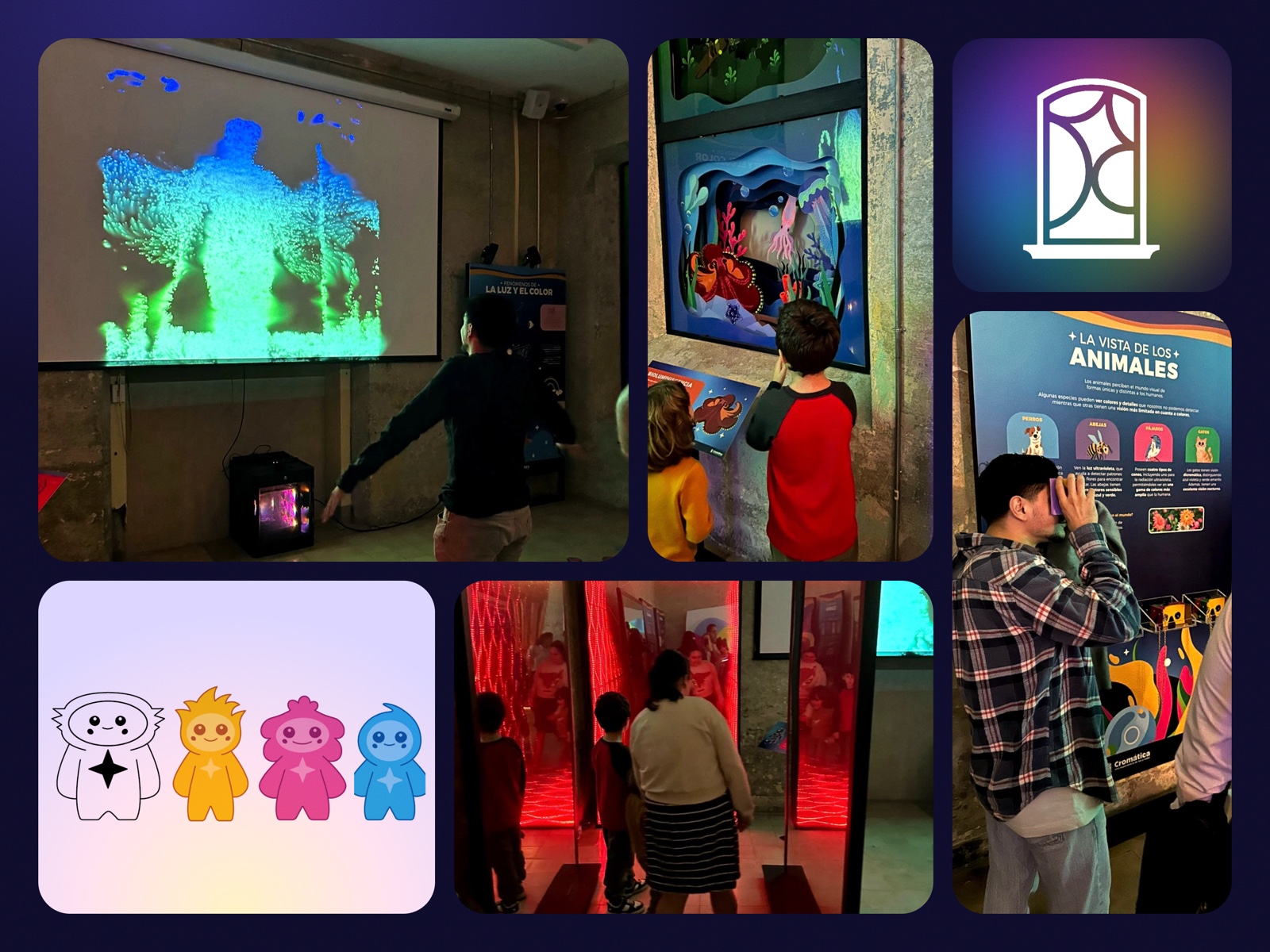 Retícula de fotos de la sala Cromática en uso: un visitante frente a la proyección interactiva, niños en la vitrina de bioluminiscencia, un visitante con un visor y una familia entre espejos rojos, junto a las mascotas de la exposición y el logo